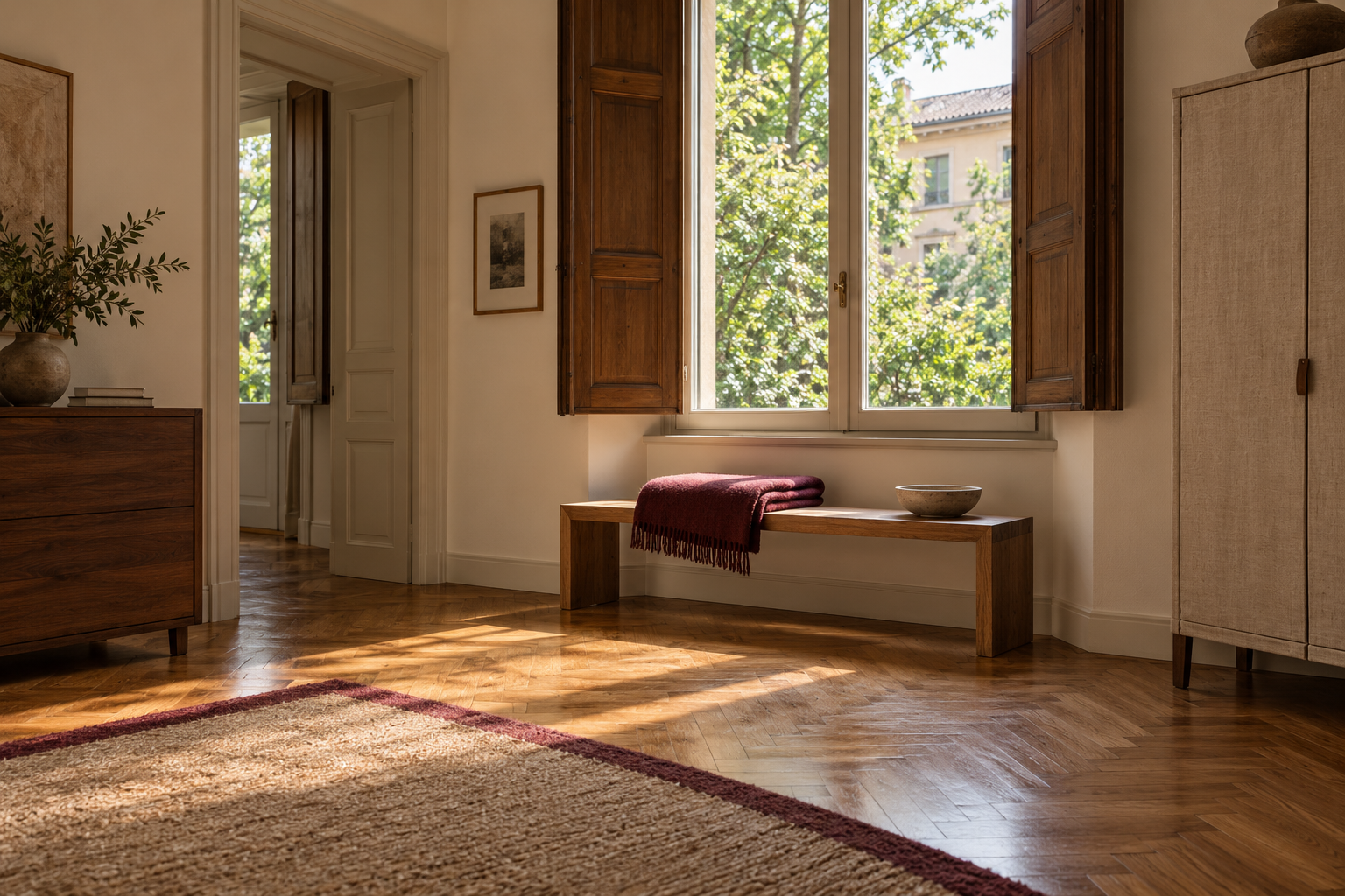 Panca in legno con coperta bordeaux sotto una finestra, accanto a un armadio in una stanza luminosa.