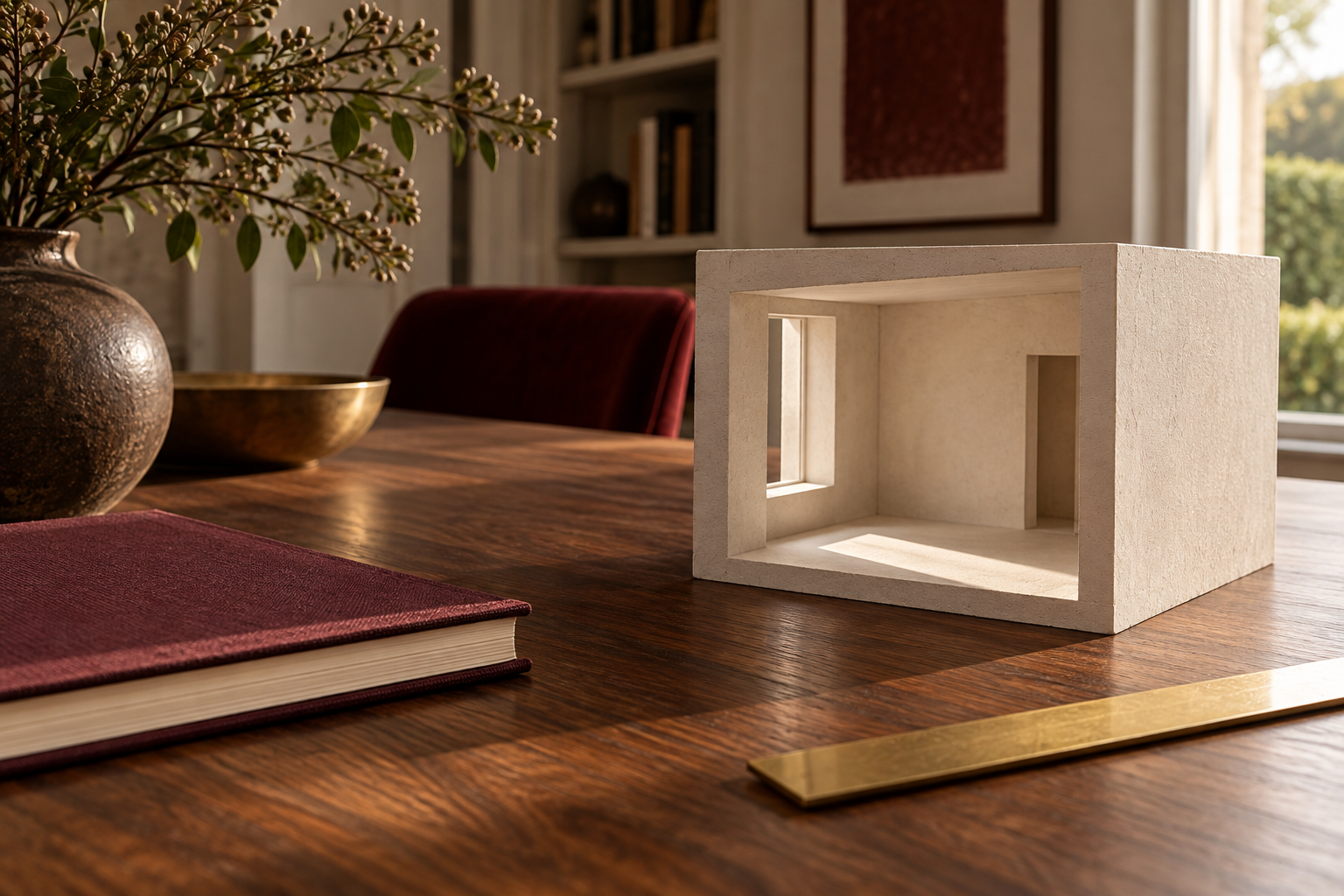 Tavolo in legno con modello domestico astratto e quaderno chiuso. Immagine illustrativa.